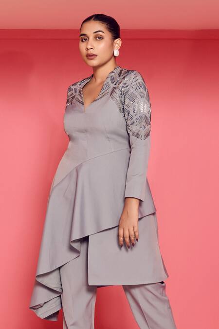 Shop_Mamicha_Gray Crepe Embroidery V-neck Designer Mirage Co-ord Set_Online_at_Aza_Fashions
