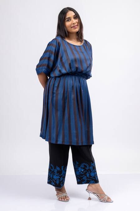 Buy_Mamicha_Blue Satin, Crepe Embroidery Round Neck Moonfall Designer Co-ord Set_Online_at_Aza_Fashions