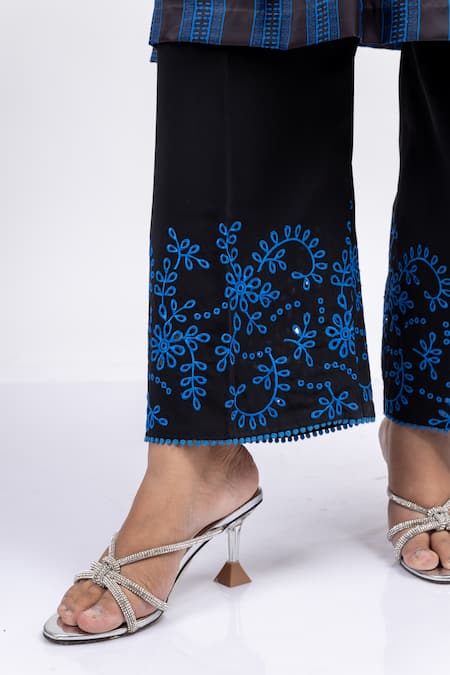 Mamicha_Blue Satin, Crepe Embroidery Round Neck Moonfall Designer Co-ord Set_at_Aza_Fashions