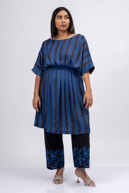 Shop_Mamicha_Blue Satin, Crepe Embroidery Round Neck Moonfall Designer Co-ord Set