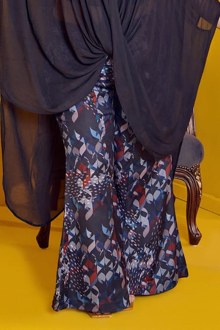 Mamicha_Black Satin, Crepe Round Neck Mysterious 3 Piece Co-ord Set_Online_at_Aza_Fashions