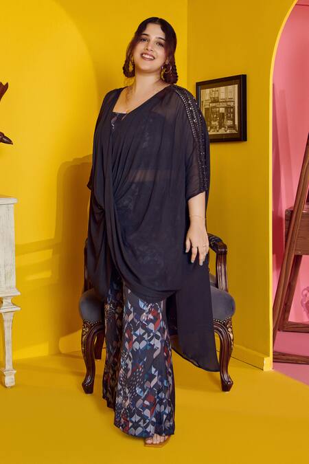 Buy_Mamicha_Black Satin, Crepe Round Neck Mysterious 3 Piece Co-ord Set_Online_at_Aza_Fashions