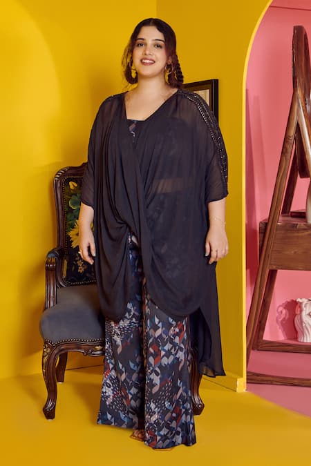 Mamicha Black Satin, Crepe Round Neck Mysterious 3 Piece Co-ord Set