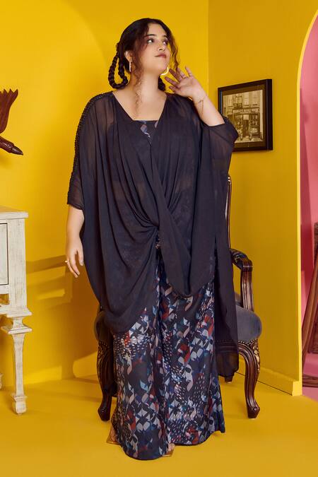 Shop_Mamicha_Black Satin, Crepe Round Neck Mysterious 3 Piece Co-ord Set_Online_at_Aza_Fashions