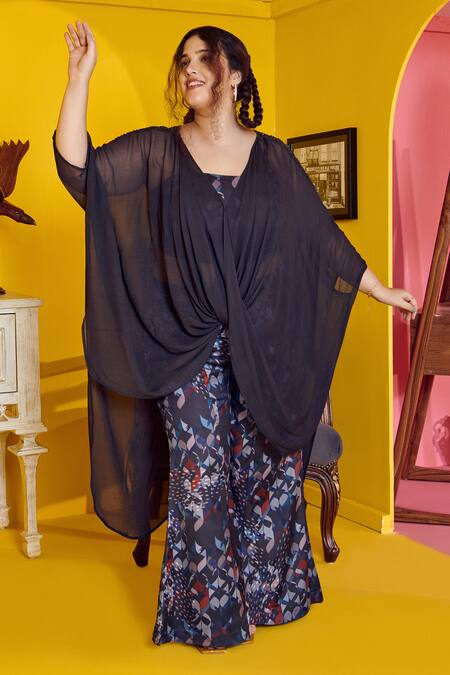 Mamicha_Black Satin, Crepe Round Neck Mysterious 3 Piece Co-ord Set_at_Aza_Fashions