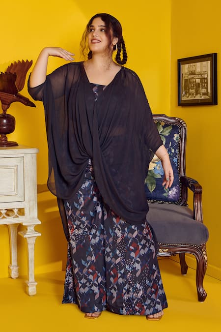 Buy_Mamicha_Black Satin, Crepe Round Neck Mysterious 3 Piece Co-ord Set