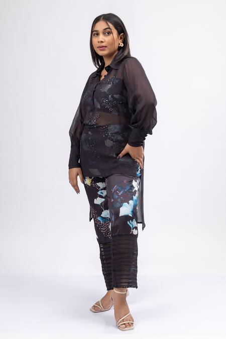 Buy_Mamicha_Black Satin, Crepe Sequins Scoop Neck, Collared Mystic Dusk Co-ord Set_Online_at_Aza_Fashions