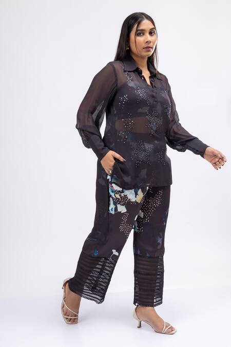 Mamicha_Black Satin, Crepe Sequins Scoop Neck, Collared Mystic Dusk Co-ord Set_at_Aza_Fashions