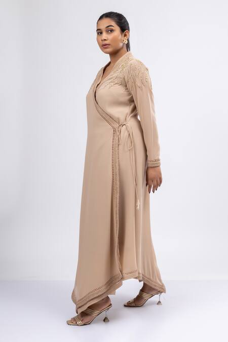 Mamicha Beige Georgette Beads, Embroidery V-neck Mystique Meadow Angarakha Set Online at Aza Fashions Mamicha_Beige Georgette Beads, Embroidery V-neck Mystique Meadow Angarakha Set_Online_at_Aza_Fashions