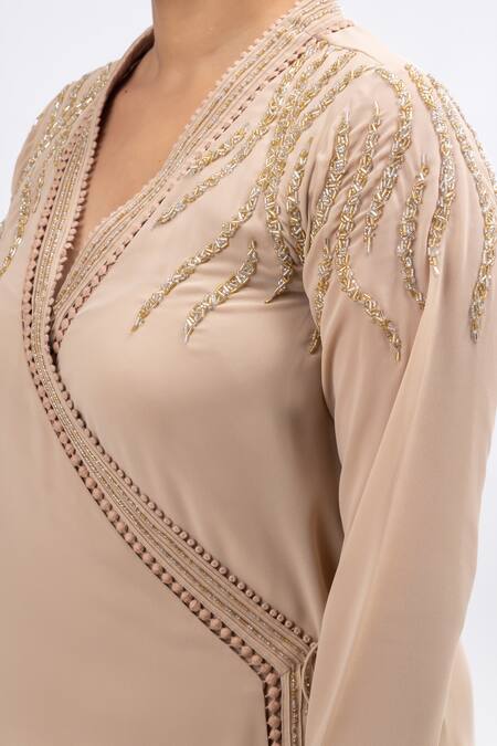 Shop Mamicha Beige Georgette Beads, Embroidery V-neck Mystique Meadow Angarakha Set Shop_Mamicha_Beige Georgette Beads, Embroidery V-neck Mystique Meadow Angarakha Set