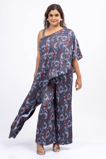 Mamicha_Black Satin, Crepe Beads Asymmetric Printed Puzzle Co-ord Set_Online_at_Aza_Fashions