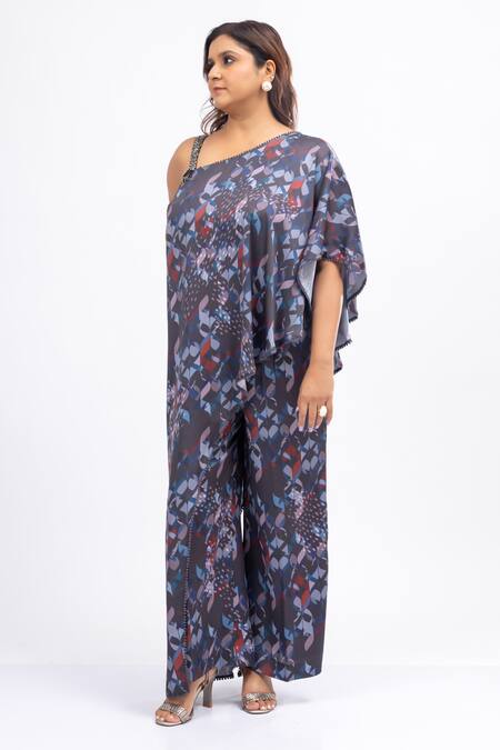 Buy_Mamicha_Black Satin, Crepe Beads Asymmetric Printed Puzzle Co-ord Set_Online_at_Aza_Fashions