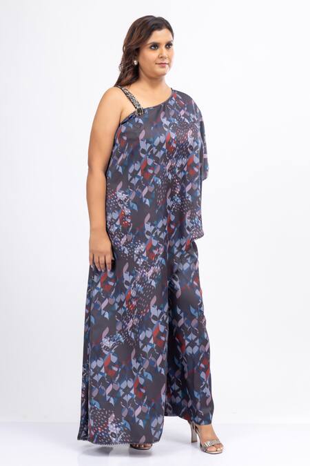 Shop_Mamicha_Black Satin, Crepe Beads Asymmetric Printed Puzzle Co-ord Set_Online_at_Aza_Fashions