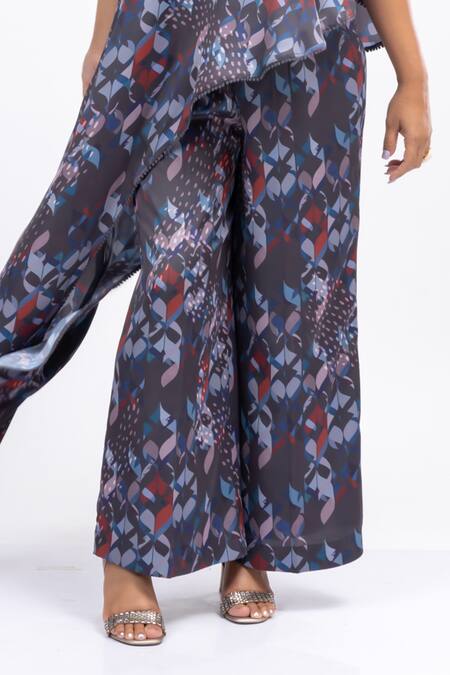 Mamicha_Black Satin, Crepe Beads Asymmetric Printed Puzzle Co-ord Set_at_Aza_Fashions