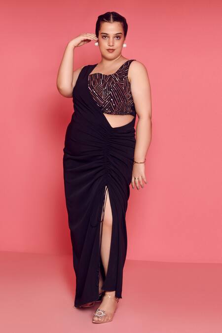 Buy Mamicha Black Crepe Asymmetric Designer Gown With Inner Slip Online at Aza Fashions Buy_Mamicha_Black Crepe Asymmetric Designer Gown With Inner Slip_Online_at_Aza_Fashions