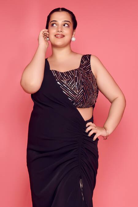 Shop Mamicha Black Crepe Asymmetric Designer Gown With Inner Slip Online at Aza Fashions Shop_Mamicha_Black Crepe Asymmetric Designer Gown With Inner Slip_Online_at_Aza_Fashions