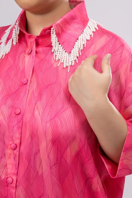 Mamicha_Pink Satin, Crepe Beads, Lace Collared Co-ord Set_Online_at_Aza_Fashions