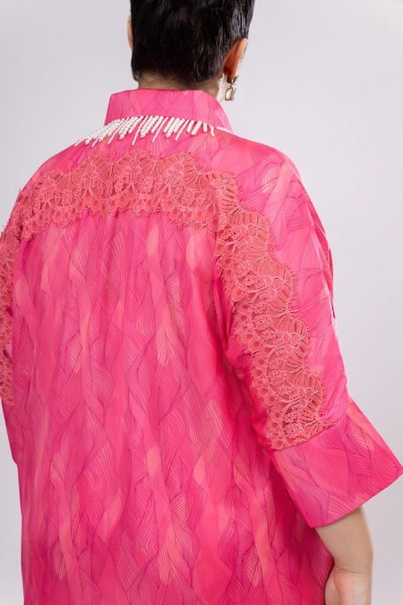 Buy_Mamicha_Pink Satin, Crepe Beads, Lace Collared Co-ord Set_Online_at_Aza_Fashions