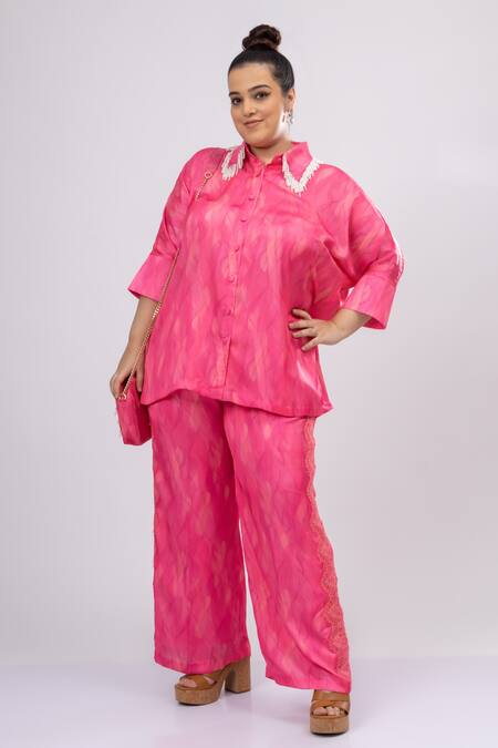 Shop_Mamicha_Pink Satin, Crepe Beads, Lace Collared Co-ord Set_Online_at_Aza_Fashions