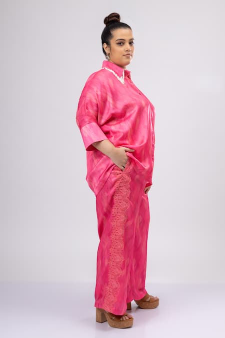 Shop_Mamicha_Pink Satin, Crepe Beads, Lace Collared Co-ord Set