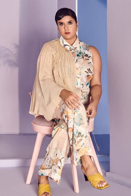 Mamicha_Beige Satin, Crepe Cape Co-ord Set_Online_at_Aza_Fashions