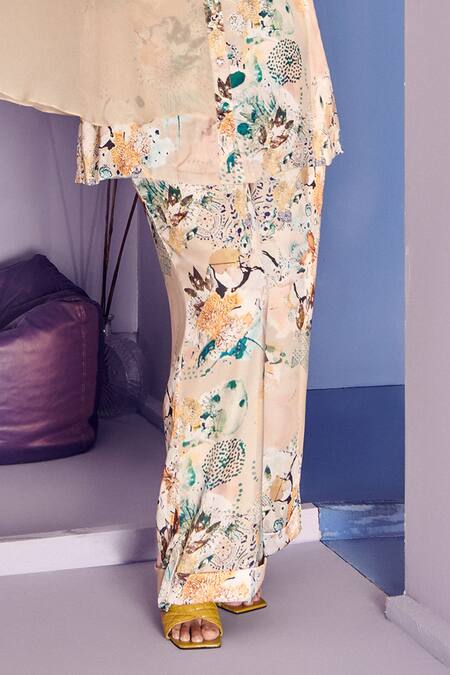 Shop_Mamicha_Beige Satin, Crepe Cape Co-ord Set_Online_at_Aza_Fashions