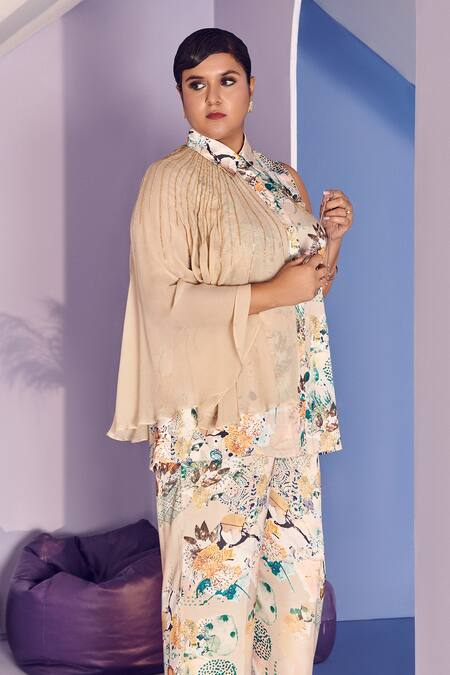 Mamicha_Beige Satin, Crepe Cape Co-ord Set_at_Aza_Fashions