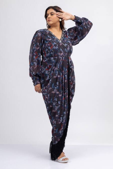 Mamicha_Black Georgette Beads V-neck Designer Dress_Online_at_Aza_Fashions