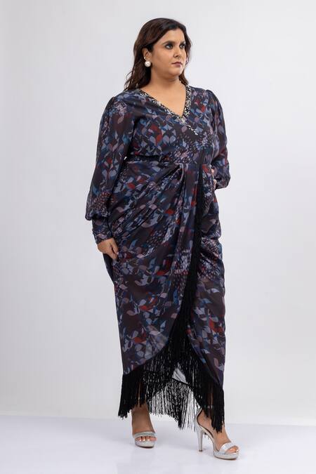 Buy_Mamicha_Black Georgette Beads V-neck Designer Dress_Online_at_Aza_Fashions