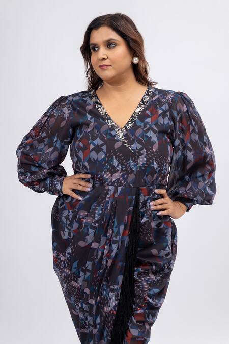 Shop_Mamicha_Black Georgette Beads V-neck Designer Dress_Online_at_Aza_Fashions