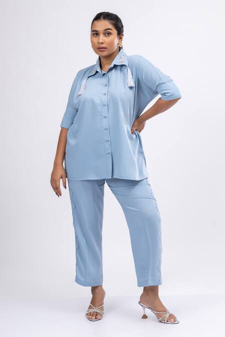 Mamicha_Blue Crepe Tassels, Embroidery, Lace Collared Ice Co-ord Set_Online_at_Aza_Fashions