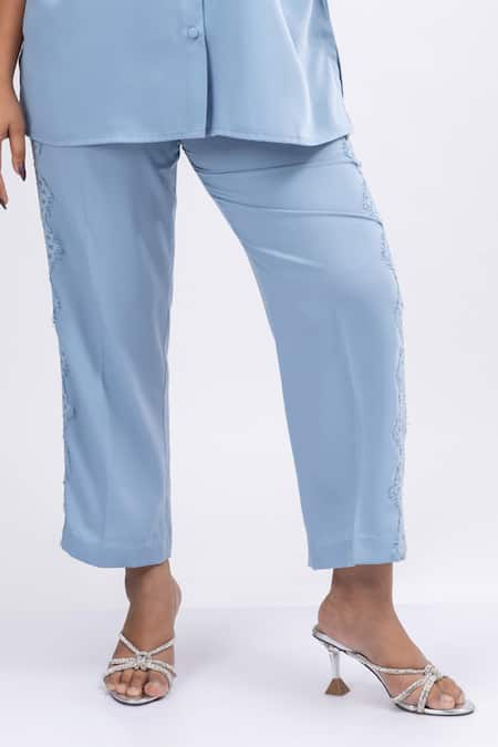 Buy_Mamicha_Blue Crepe Tassels, Embroidery, Lace Collared Ice Co-ord Set_Online_at_Aza_Fashions