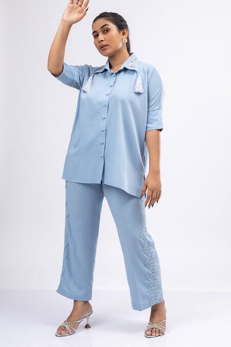 Shop_Mamicha_Blue Crepe Tassels, Embroidery, Lace Collared Ice Co-ord Set_Online_at_Aza_Fashions