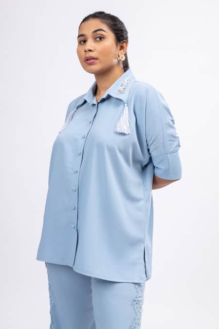 Mamicha_Blue Crepe Tassels, Embroidery, Lace Collared Ice Co-ord Set_at_Aza_Fashions