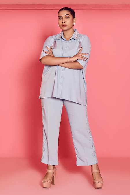 Mamicha Blue Crepe Tassels, Embroidery, Lace Collared Ice Co-ord Set