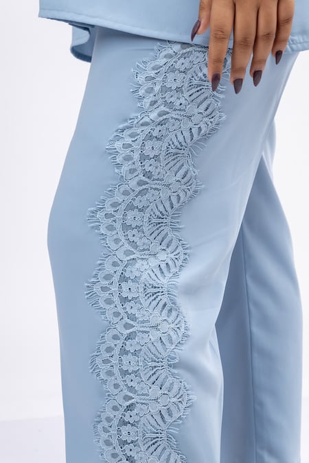 Shop_Mamicha_Blue Crepe Tassels, Embroidery, Lace Collared Ice Co-ord Set
