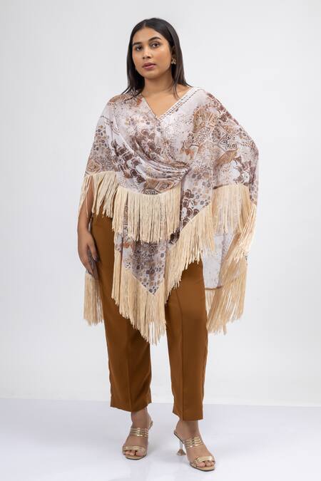 Shop Mamicha Off White Georgette Wind Shadow Cape Co-ord Set Shop_Mamicha_Off White Georgette Wind Shadow Cape Co-ord Set