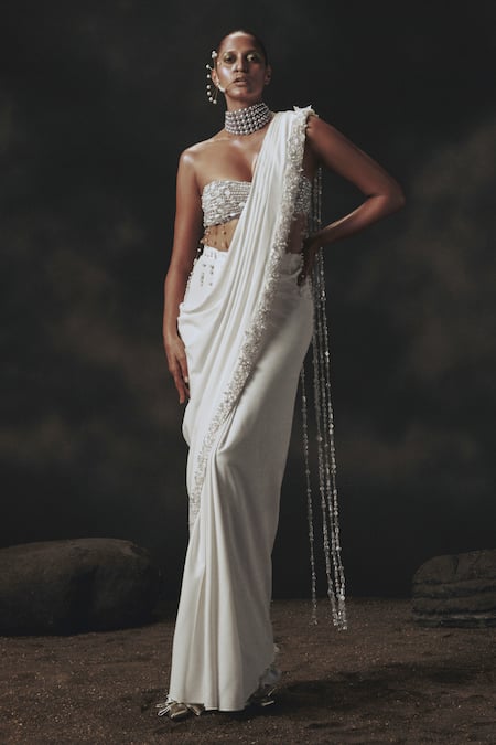 Nikhil Thampi White Beaded Pre-Draped Saree Set 