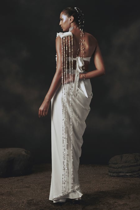 Nikhil Thampi White Beaded Pre-Draped Saree Set 