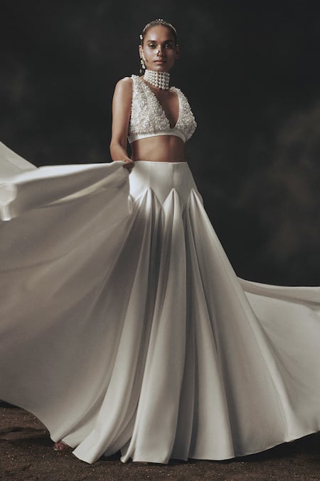 Nikhil Thampi White 3D Flower Embroidered Lehenga Set 