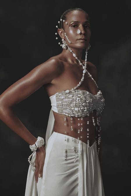 Nikhil Thampi_White Crepe Beads Open Neck Draped Skirt And Blouse Set _Online_at_Aza_Fashions