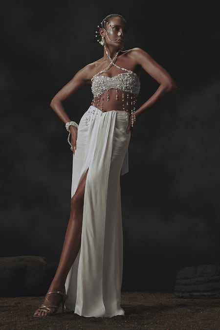 Nikhil Thampi White Crepe Beads Open Neck Draped Skirt And Blouse Set 