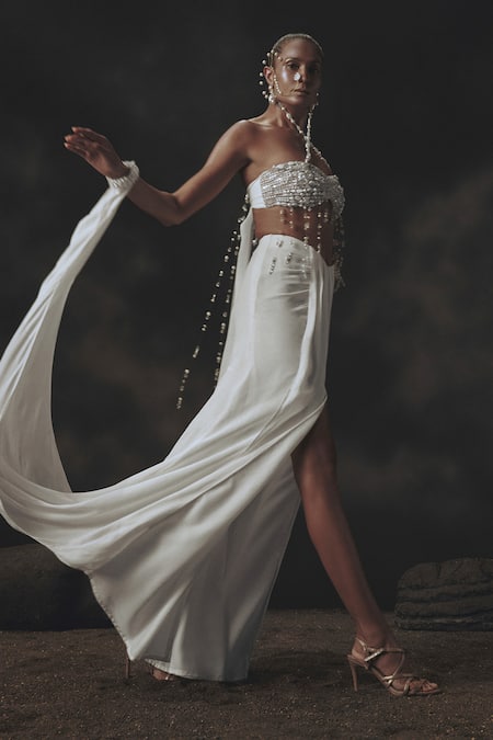 Buy_Nikhil Thampi_White Crepe Beads Open Neck Draped Skirt And Blouse Set _Online_at_Aza_Fashions