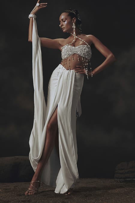 Nikhil Thampi White Beaded Draped Skirt & Blouse Set 