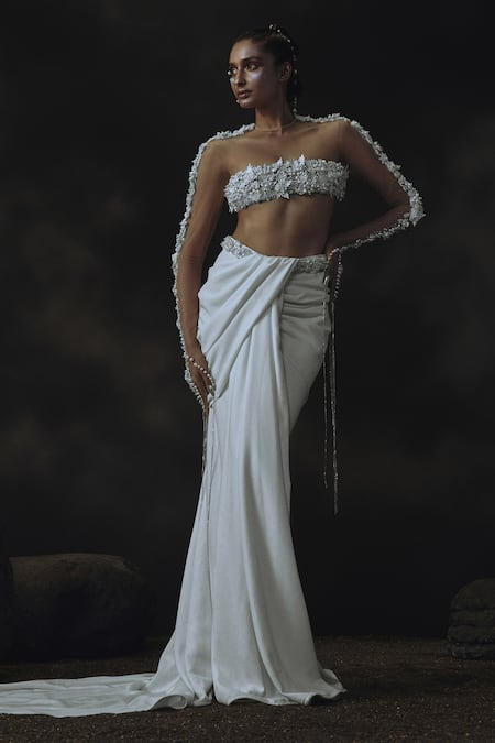 Nikhil Thampi White 3D Flower Embroidered Draped Skirt & Blouse 