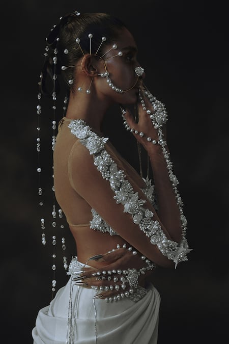 Nikhil Thampi_White Net Embroidery Round Neck 3d Flower Draped Skirt And Blouse _Online_at_Aza_Fashions