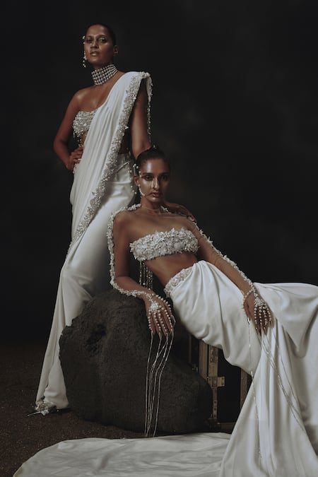 Buy_Nikhil Thampi_White Net Embroidery Round Neck 3d Flower Draped Skirt And Blouse _Online_at_Aza_Fashions