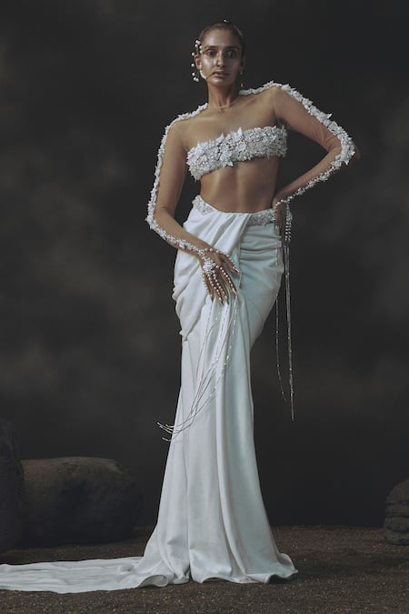 Nikhil Thampi White Net Embroidery Round Neck 3d Flower Draped Skirt And Blouse 