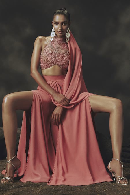 Buy_Nikhil Thampi_Pink Georgette Beads Halter Neck Pant Saree Set _Online_at_Aza_Fashions