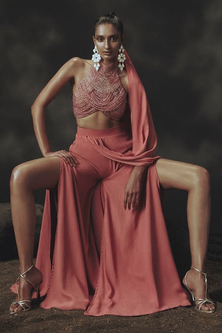 Nikhil Thampi Pink Beaded Georgette Pant Saree Set 